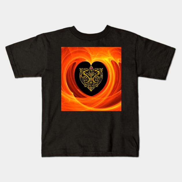 GOLD CELTIC KNOT HEART, LIZARDS IN BLACK ORANGE YELLOW FRACTAL WAVES Kids T-Shirt by BulganLumini